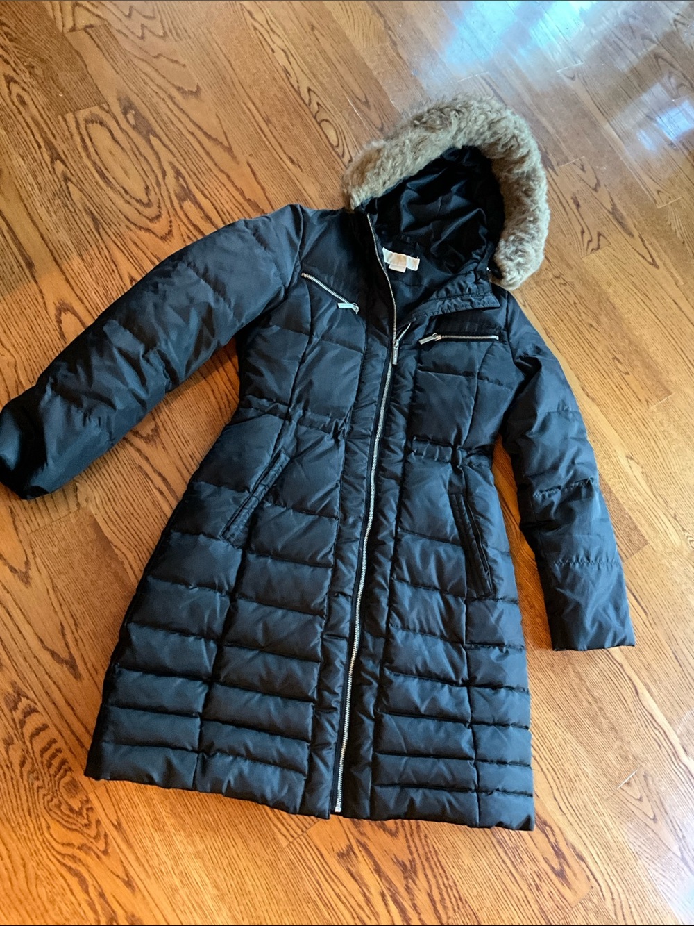 Michael Kors Fur Hood Winter long Coat Puffer small black zipper womens